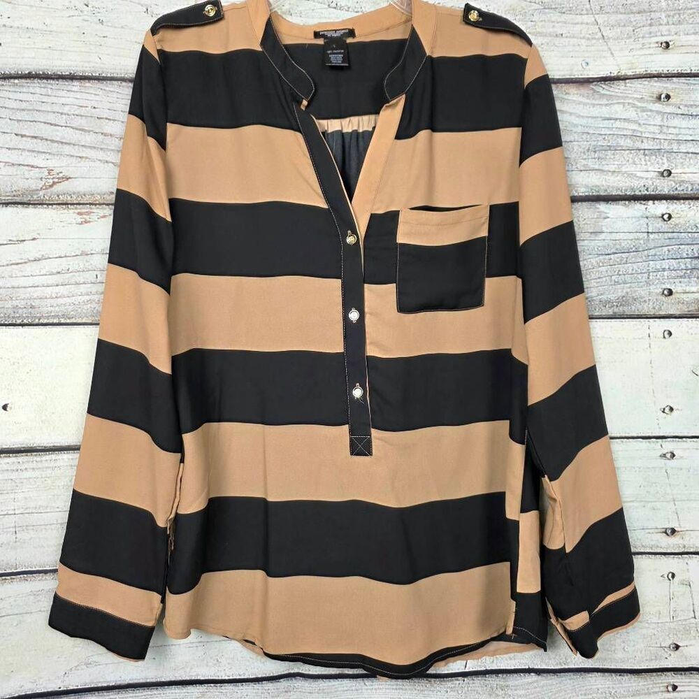 Penelope Project L Black Tan Stripe Button Blouse